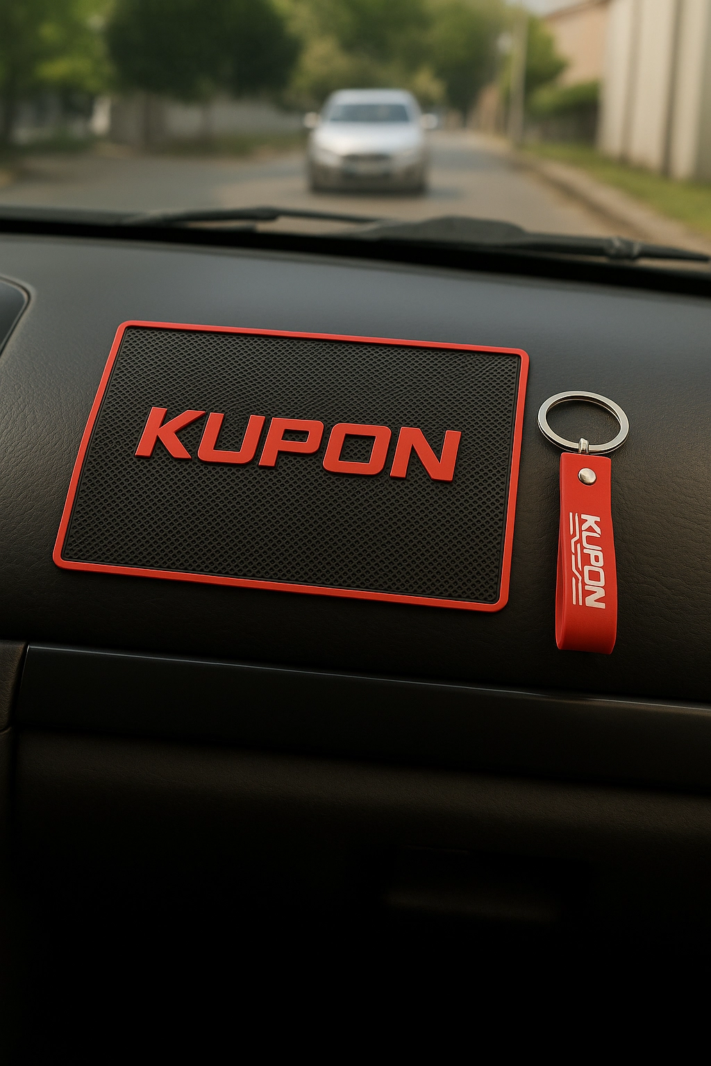 Kupon Logolu Araç İçi Torpido Üstü Kaydırmaz Ped ve Anahtarlık Seti