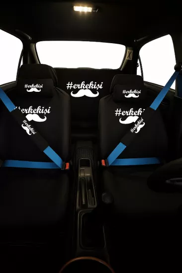 Erkek İşi Baskılı 8 Parça Oto Koltuk Kılıfı Seti (Ön+Arka, 2 Boyun Yastık, 2 Kemer Kılıfı)